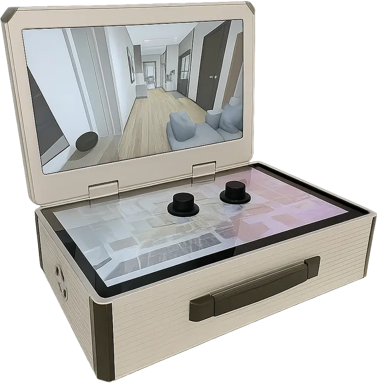 Portable VR-PTZ: кейс с откинутой крышкой, на верхнем экране план помещения, на крышке — вид интерьера от первого лица