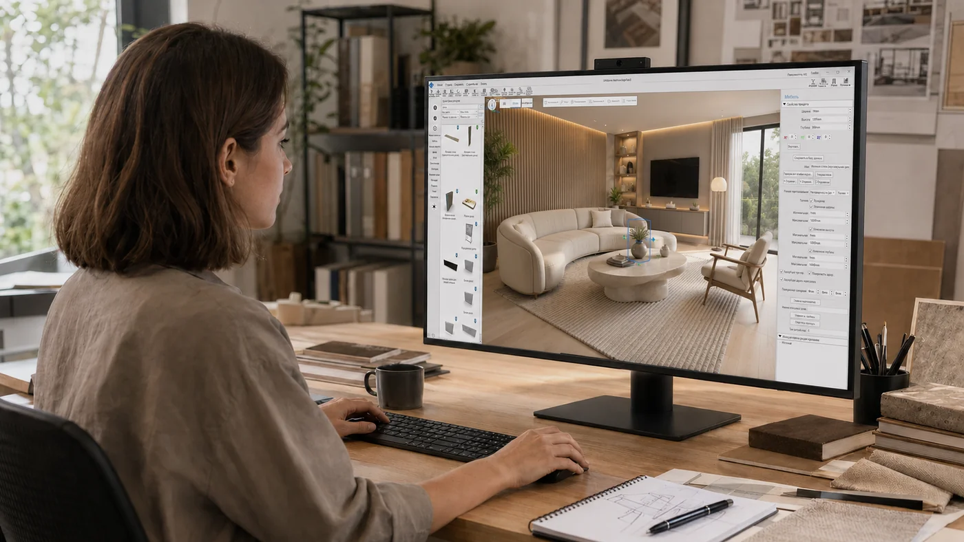 Дизайнер собирает гостиную в Real Home: 3D-сцена, каталог мебели и настройки предмета